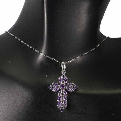 Halskette mit Anhänger Kreuz Amethyst 925 Silber 585 Weißgold vergoldet Silber - INARA