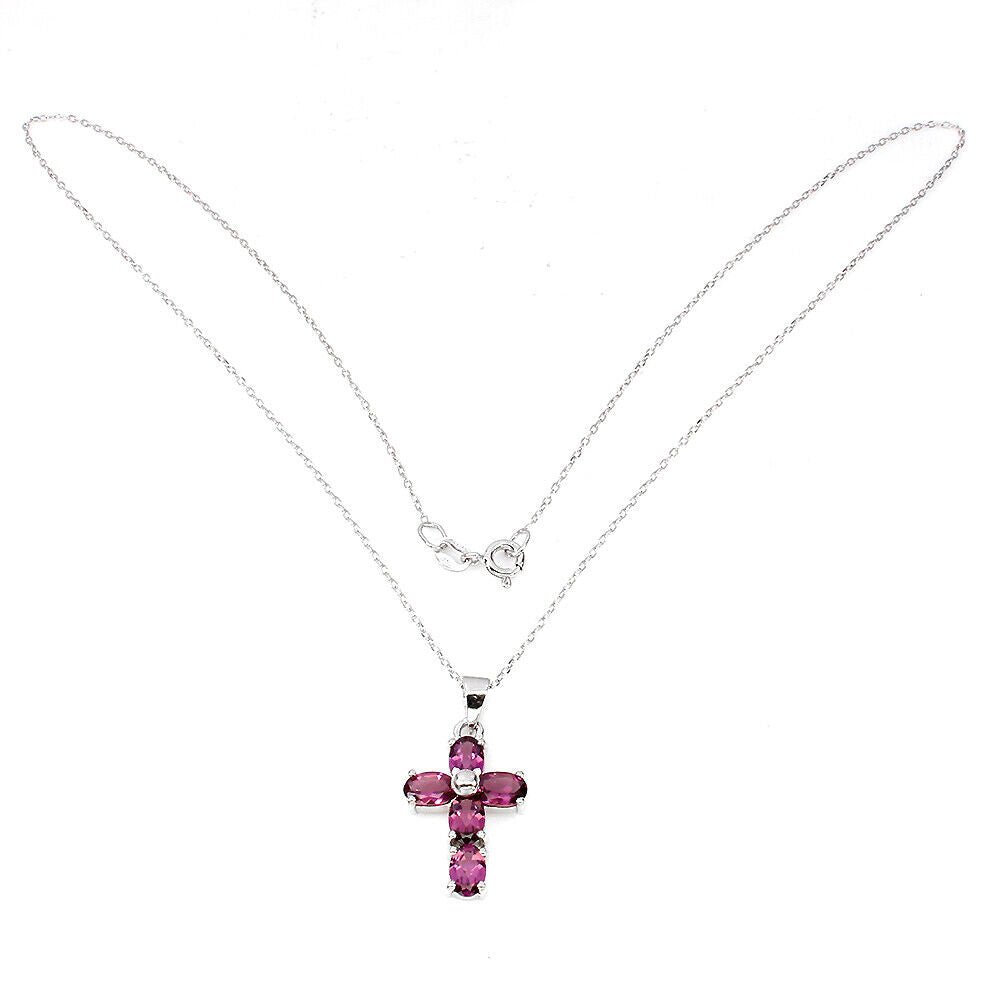 Halskette mit Anhänger Kreuz Rhodolit 925 Silber 585 Weißgold vergoldet Silber - INARA