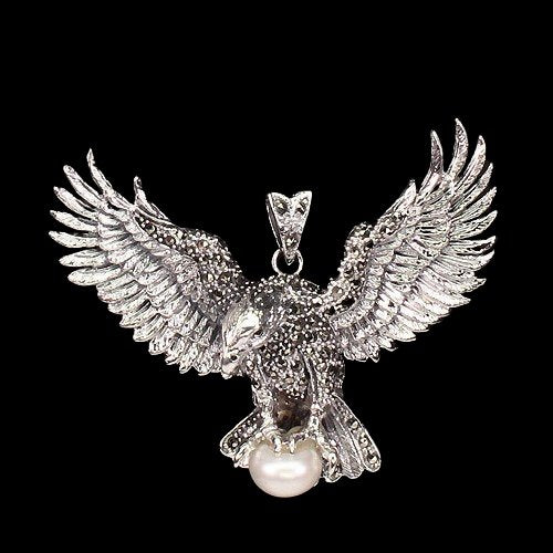 Jumbo Anhänger Adler Vogel Perle Süßwasserzucht Markasit 925 Silber Silber - INARA