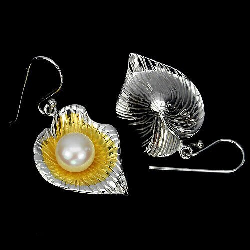 Ohrringe Calla Perle weiß 925 Silber 585 bicolor vergoldet Silber - INARA