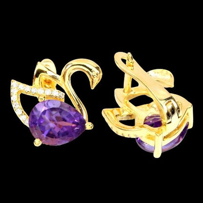 Ohrringe Schwan Amethyst 925 Silber 585 Gelbgold vergoldet Silber - INARA