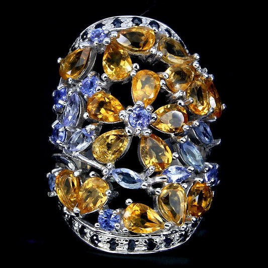 Ring Citrin Tansanit Saphir 925 Silber 585 Weißgold vergoldet Gr. 58 Silber - INARA