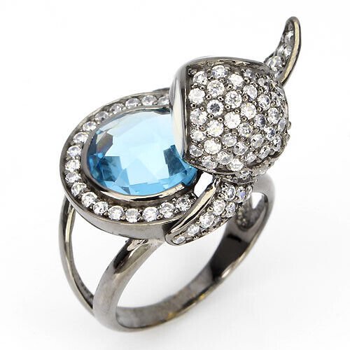 Ring Eule Blautopas London Blue 925 Silber schwarzrhodiniert Gr. 57 Silber - INARA