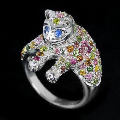 Ring Katze Turmalin Saphir 925 Silber 585 Weißgold vergoldet Gr. 57 Silber - INARA