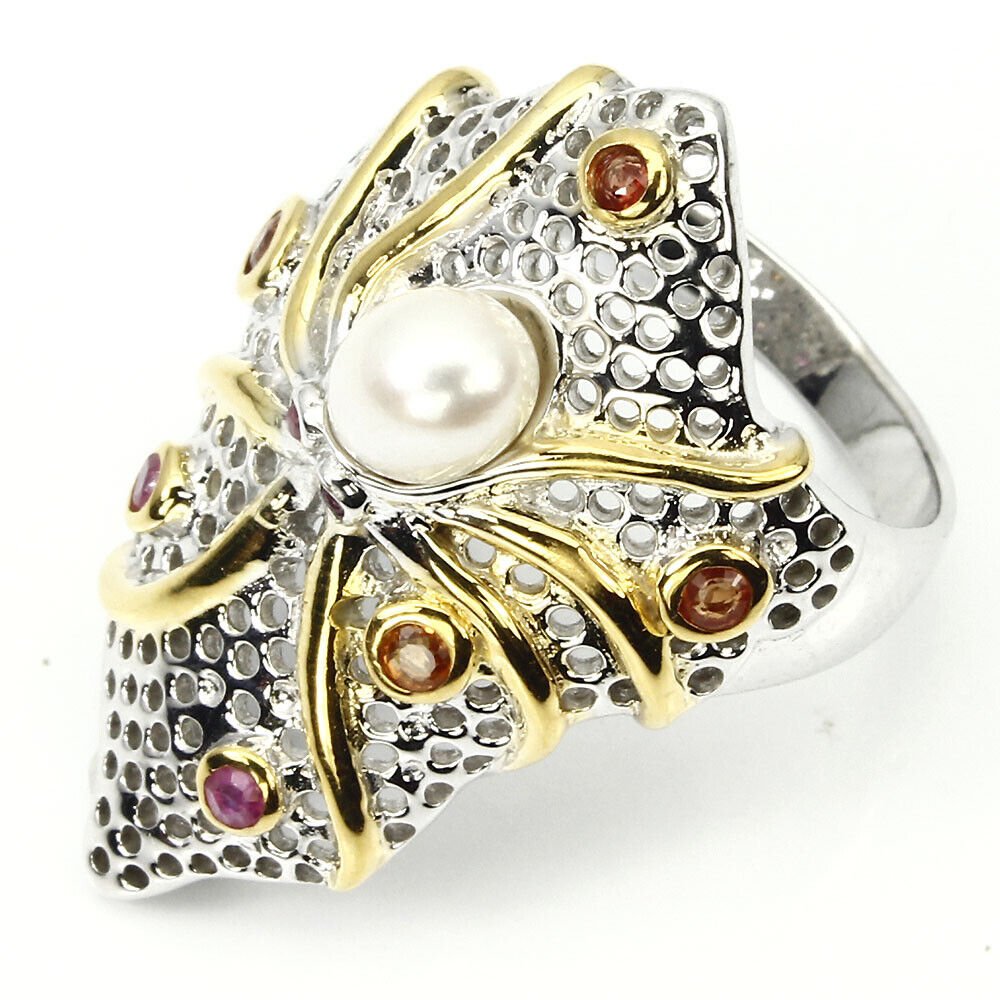 Ring Oktopus Krake Perle Saphir 925 Silber 585 bicolor vergoldet Gr. 59 Silber - INARA