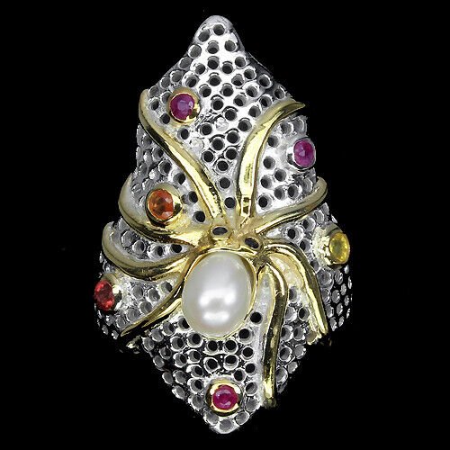 Ring Oktopus Krake Perle Saphir Rubin 925 Silber 585 bicolor vergoldet Gr. 57 Silber - INARA