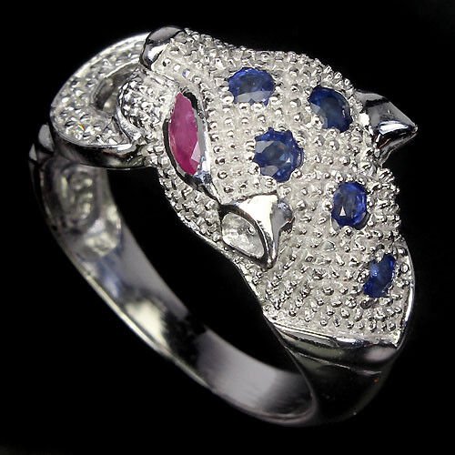 Ring Raubkatze Saphir blau Rubin 925 Silber 585 Weißgold vergoldet Gr. 59 Silber - INARA