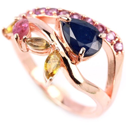 Ring Saphir blau Turmalin Rhodolit 925 Silber 585 Roségold vergoldet Gr. 57 Silber - INARA