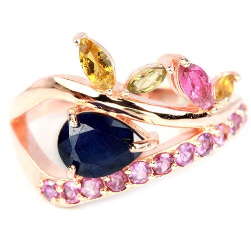 Ring Saphir blau Turmalin Rhodolit 925 Silber 585 Roségold vergoldet Gr. 57 Silber - INARA