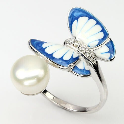 Ring Schmetterling Perle 925 Silber 585 Weißgold vergoldet Gr. 53 Silber - INARA