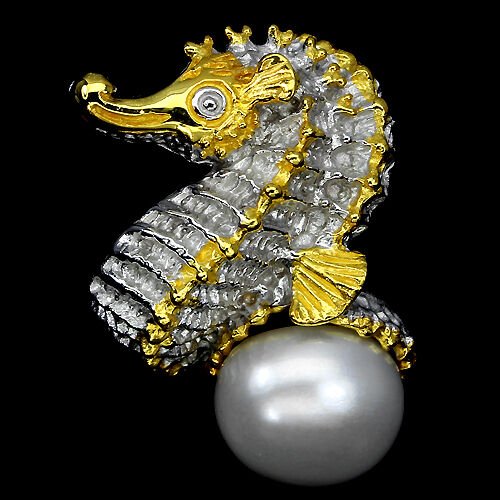 Ring Seepferdchen Perle Süßwasser 925 Silber 585 bicolor vergoldet Gr. 52 Silber - INARA