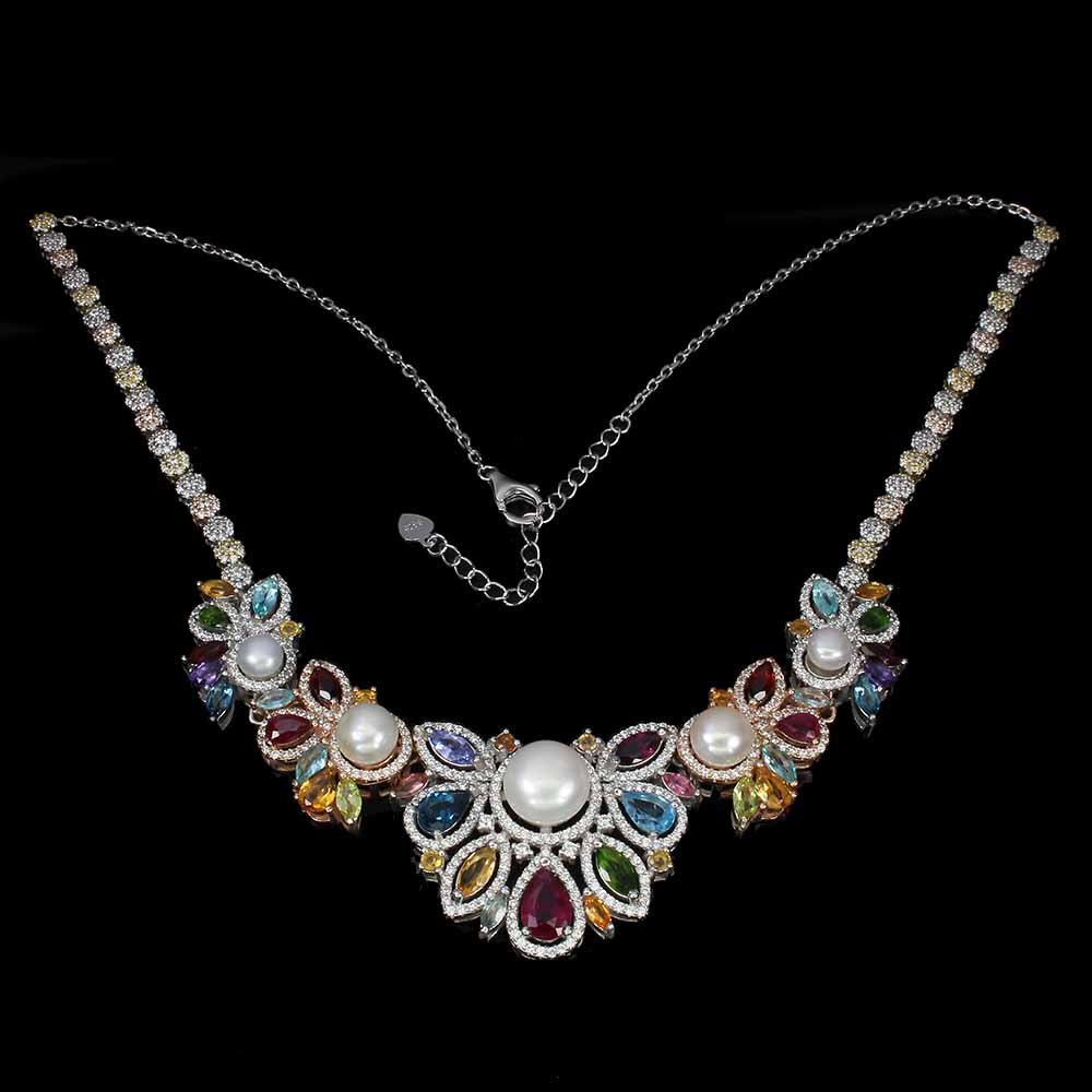 Rubin Tansanit Blautopas Amethyst Chromdiopsid Perle Collier Silber - INARA