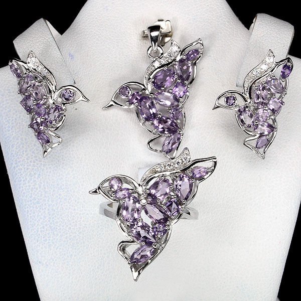 Set Vogel Ohrringe Anhänger Ring Amethyst 925 Silber 585 Weißgold vergoldet Silber - INARA