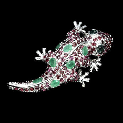 Smaragd Rhodolit Saphir Gecko Brosche Silber - INARA