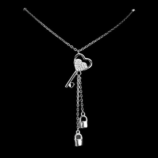 Zirkonia Halskette mit Herz Schlüssel und Schloss Silber - INARA